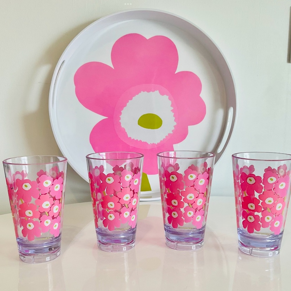 Marimekko Unikko Large Pink and White Serving Tray and matching Cup Set NWT